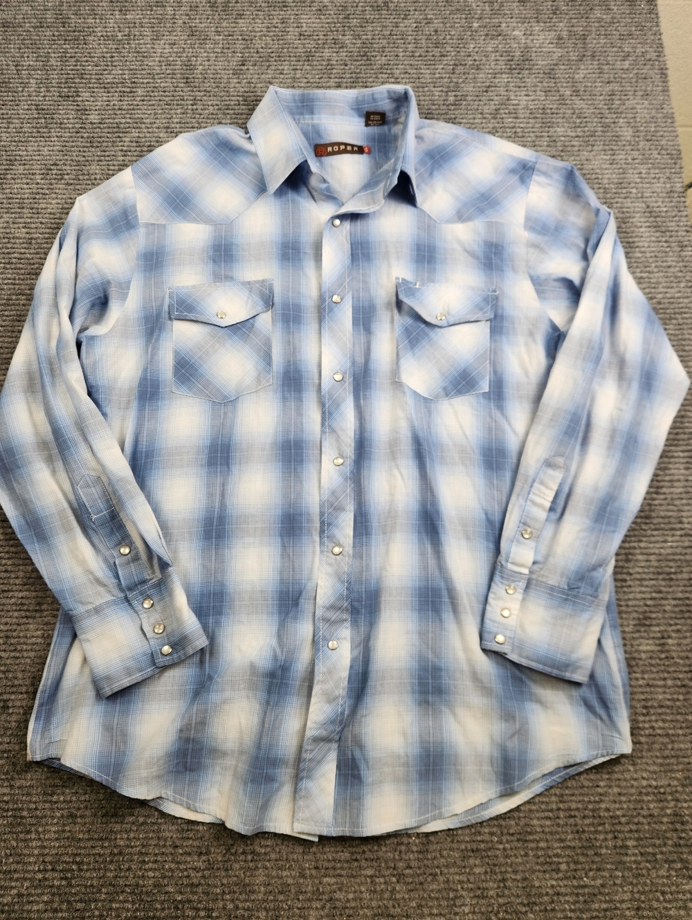 Roper Western Shirt Mens Sz XL Snap Front Long Sleeve Blues/White Plaid Rodeo